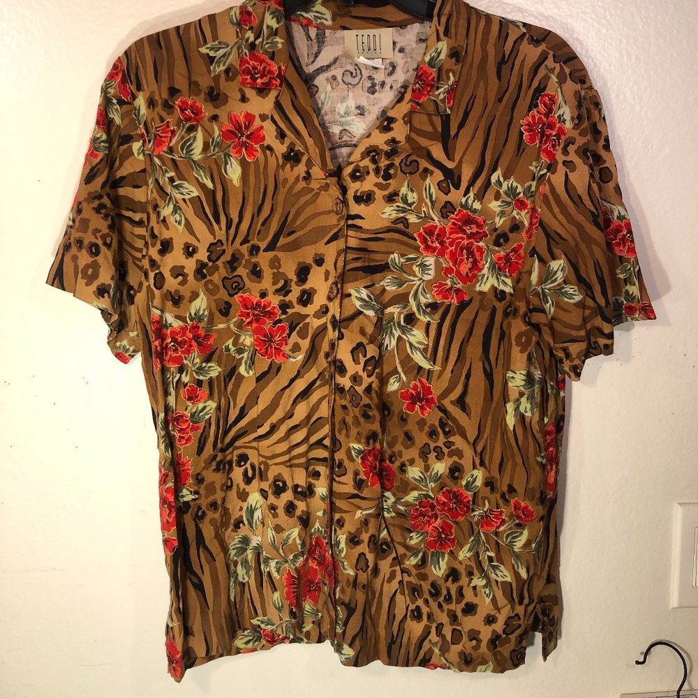 Teddi Women's Multicolor Floral Blouse Button Down - Size PM